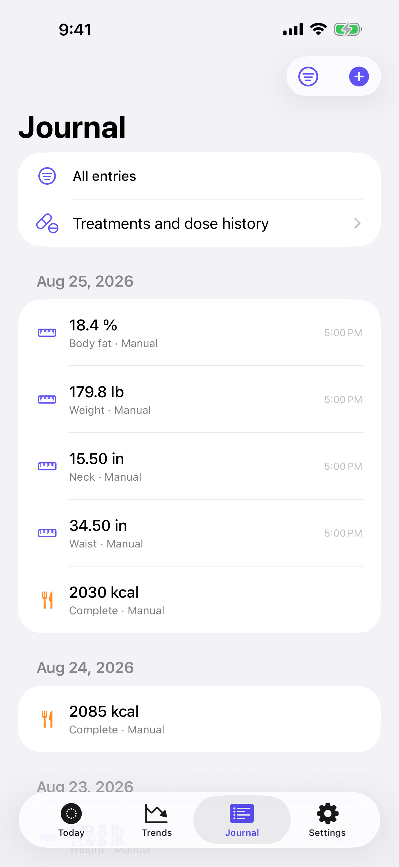 Journal screen showing measurements, intake, and notes in chronological order